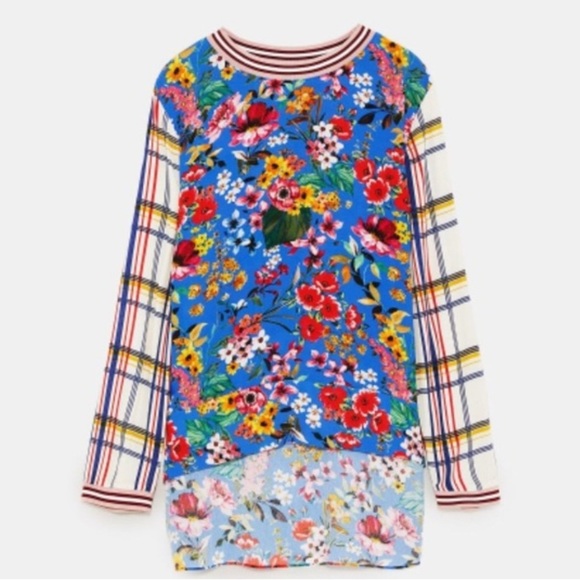 Zara Floral and Plaid Long Sleeve Top - Blue and Red - Picture 1 of 7